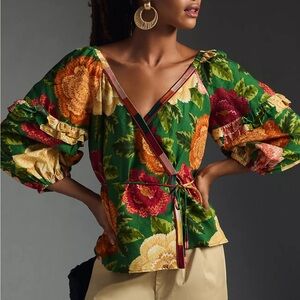 Farm Rio x Anthropologie Puff-Sleeve Wrap Top Small New